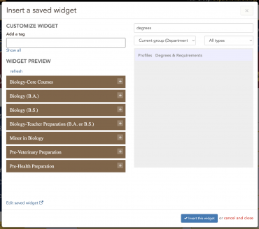 Window for inserting the Degrees & Requirements widget
