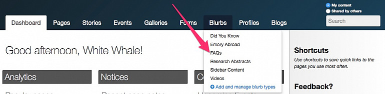 Screenshot of adding FAQ in the dashboard