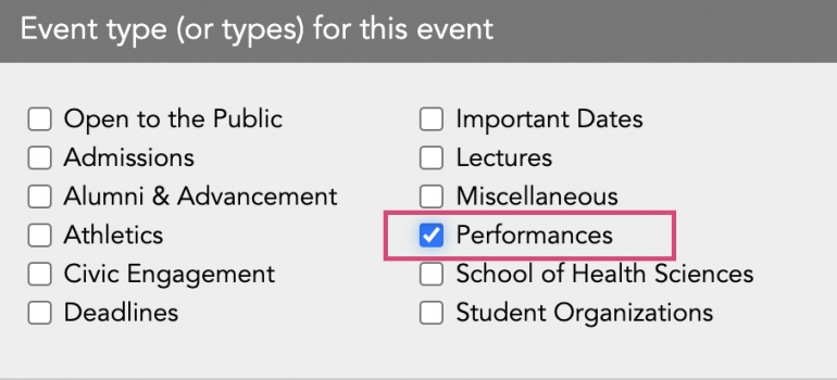 Screenshot of the event type with “Performances” checked.