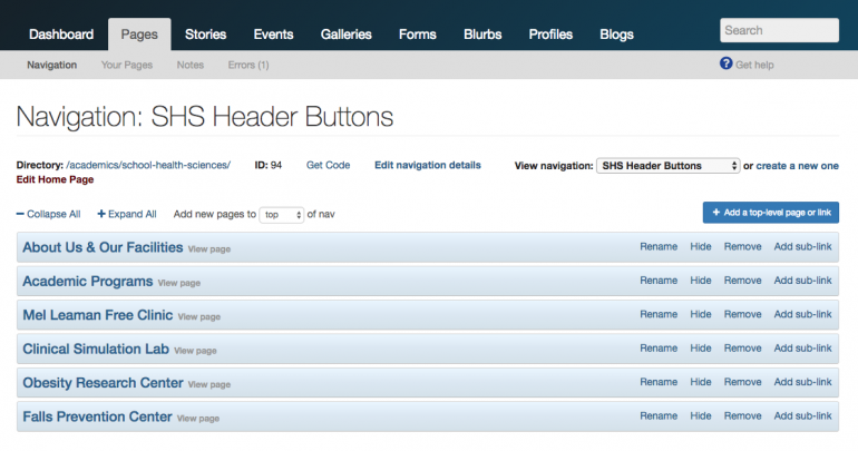 SHS header buttons navigation