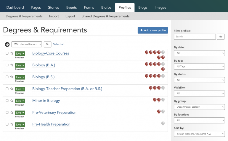 LiveWhale dashboard listing degree profiles sorted by balloons