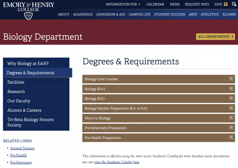 Biology department website with degree accordion dropdowns