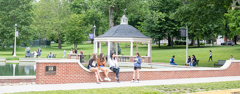 Duck pond with students and families