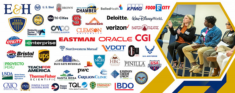 A list of logos of companies students interned for or were hired at after graduation.