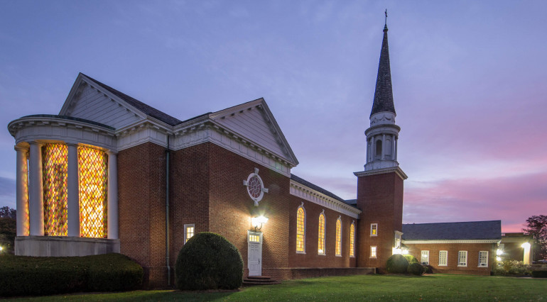 A view of Memorial Chapel at dusk.
