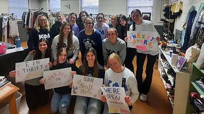 The Kappa Phi Alpha sorority completes service hours at the E&H Thrift Store.