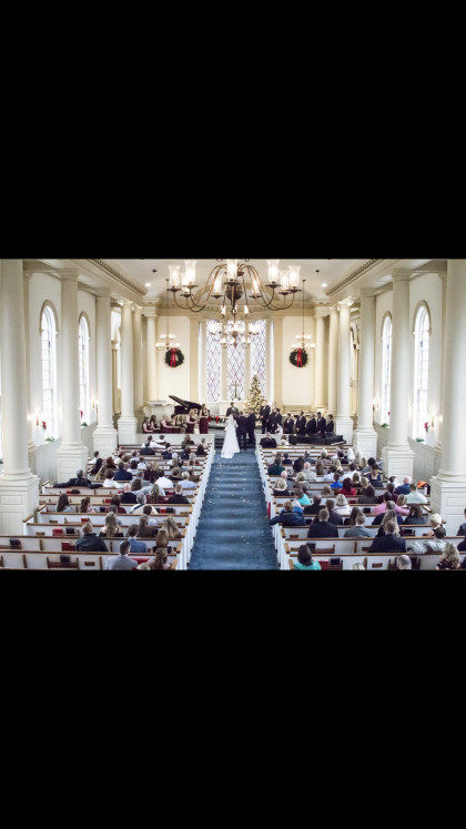 A full view of the Memorial Chapel Christmas time wedding.