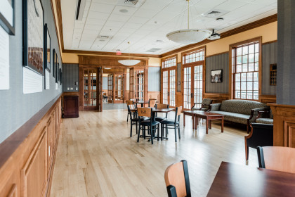 View from the Alumni Lounge inside the Brooks Field House with seating available for up to 50 people.