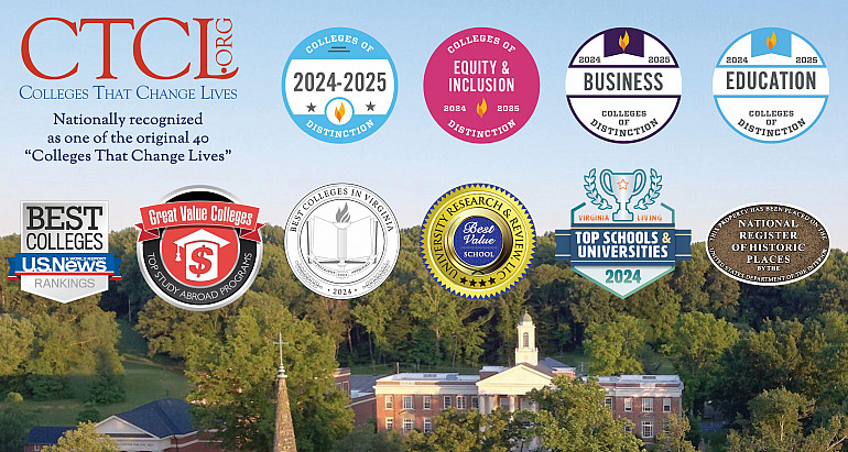 Ranking & recognition badges with drone shot of the E&H campus